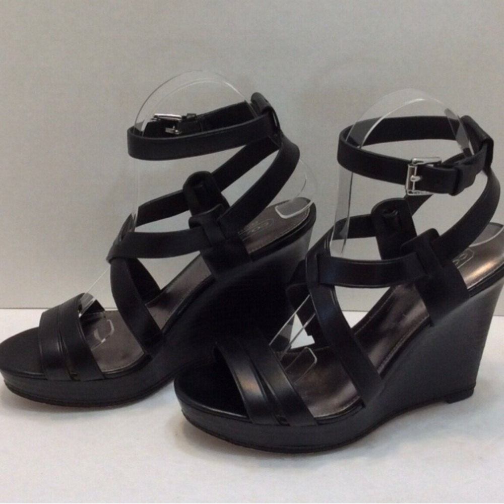 COACH  Macey Cowboy Black Leather Wedge Strappy Caged Sandals Heel Size 6.5 B